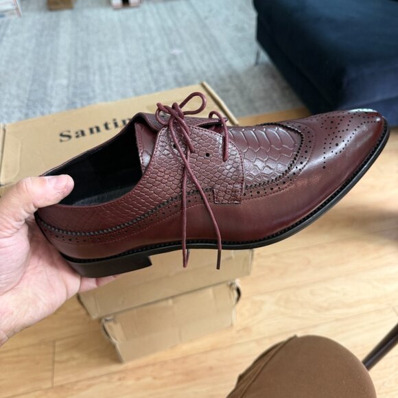 Santimon Men's US 7 - 11 Red Derby Crocodile Pattern Pointed Toe Brogue Shoes - Picture 5 of 12